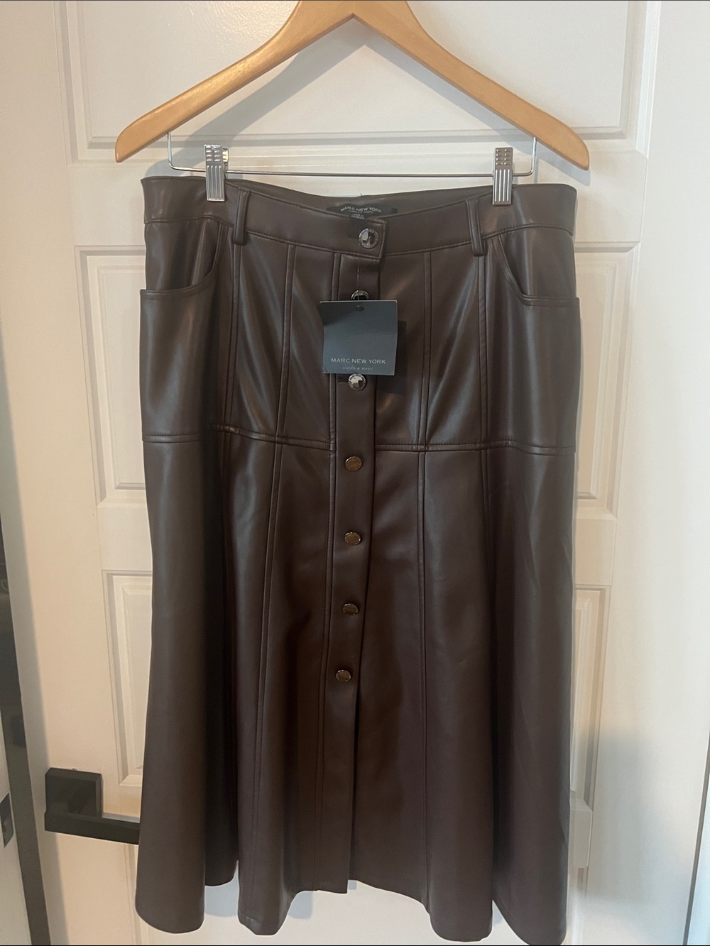 Marc New York Dark Brown Faux Leather A-Line Button-Front Skirt